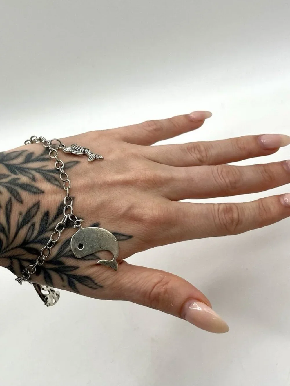 Vintage Silver Tone Ocean Charm Bracelet Whale Fish Angelfish Toggle Nautical